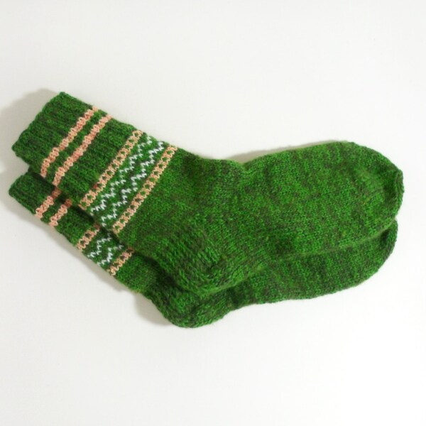 Hand Knitted Wool Socks - Green, Size Large