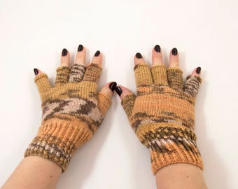 Hand Knitted Fingerless Gloves - Brown, Beige and Gray Size Medium
