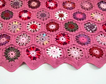 Crocheted Hexagon Baby Blanket - Pink with Colorful Vibrant Motifs, Granny square Blanket, Granny Hexagon Blanket, Lap Blanket