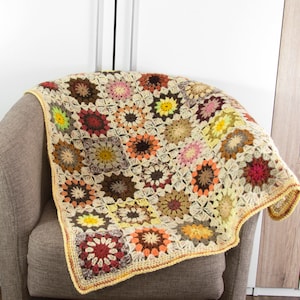Crochet Granny Square Blanket,Crochet Baby Blanket, Wool Mohair Blanket, Lap Blanket, Sofa Throw - Yellow with Multi Colors Flowers