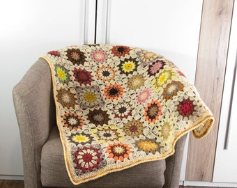 Crochet Granny Square Blanket,Crochet Baby Blanket, Wool Mohair Blanket, Lap Blanket, Sofa Throw - Yellow with Multi Colors Flowers