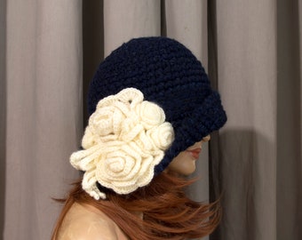 Crochet Cloche Hat with Crochet Flower - Navy Blue with Crochet Cream Roses, Size M/L