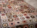 Crochet Granny Square Blanket, Handmade Knit Bedspread, Brown and Beige with Flowers
