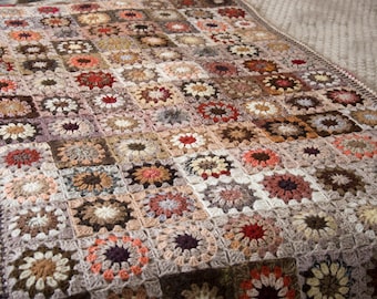 Crochet Granny Square Blanket, Handmade Knit Bedspread, Brown and Beige with Flowers