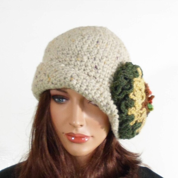 Crochet Cloche Hat with Large Flower - Beige/Grey