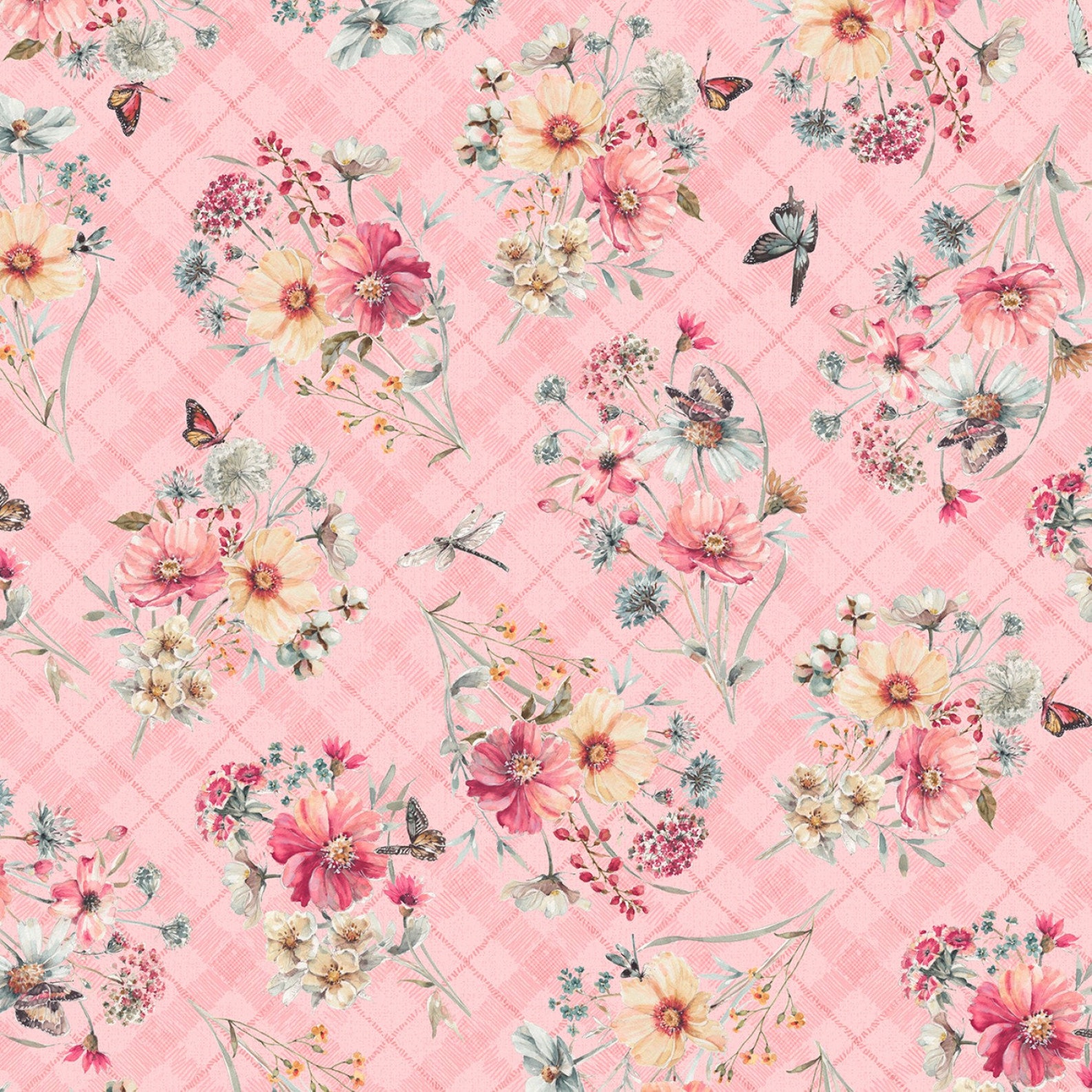 Plaid Pink Flower Bouquet Country Print Butterfly Fabric - Etsy