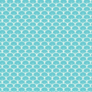 May include: A seamless pattern of white stylized fans on a light blue background.