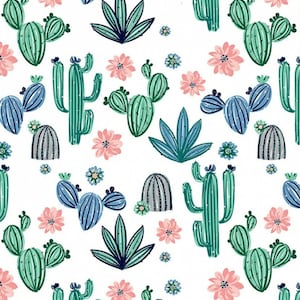 May include: A repeating pattern of cacti, succulents, and flowers in shades of teal, blue, pink, and gray on a white background. The design features various cactus shapes, including tall, rounded, and segmented forms, interspersed with pink and blue flowers.