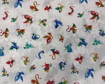 Rainbow Dragon Cotton Fabric - Fantasy Mythical Creatures, Colorful Dragons on White, Quilting Fabric by the Yard