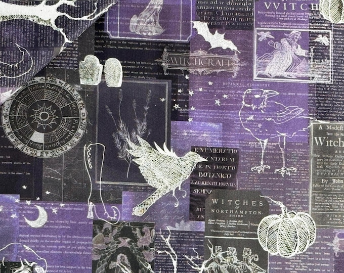 Witchy Purple Cotton Fabric – Halloween Collage, Gothic, Spooky ...