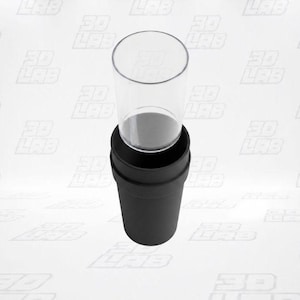 May include: A cylindrical object featuring a clear, transparent upper section and a solid matte black lower base. The design consists of a smooth, vertical structure with a distinct separation between the transparent top and the opaque black bottom.