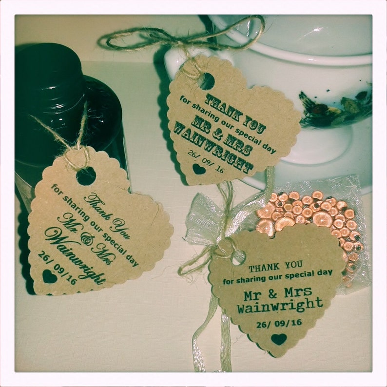 25 Heart Personalised Wedding Favour Tags Thank You Special Day HEART LABELS