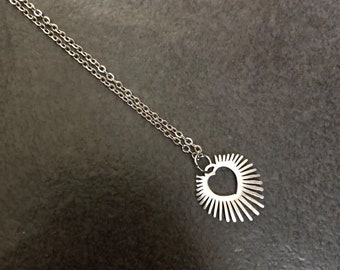 Silver Heart Necklace, Stainless Steel, Sunburst Heart Necklace.