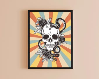 Lámina artística de calavera, serpiente y rosas, impresión digital, decoración de pared original, descarga digital.
