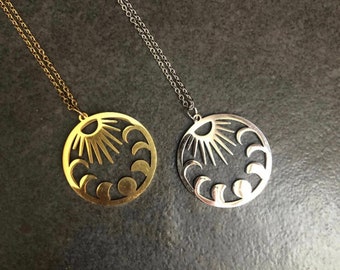Moon Phase Necklace, Gold Or Silver, Stainless Steel, Hypoallergenic, Galaxy Pendant.
