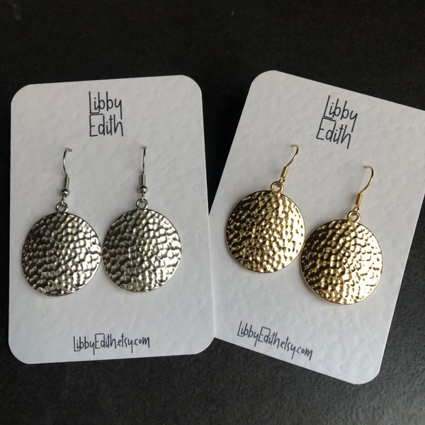 Hammered Disk Drop Earrings, Slightly Curved, Gold Or Silver, Stainless Steel Hooks.