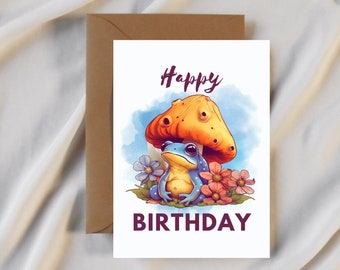 Frog Happy Brithday, Greeting Card, Birthday Card, Frog, Mushroom.