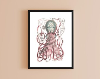 Vintage Octopus Art Print: Pink & Blue Nautical Wall Decor