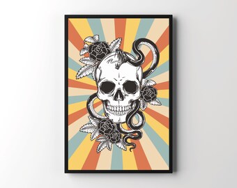 Skull,Snake And Roses Print, Unframed, Living Room, Bedroom, Hall.