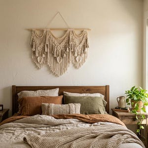 May include: A large cream-colored macrame wall hanging suspended from a horizontal wooden dowel. The piece features intricate knotted patterns, hanging tassels, wooden beads, and three leaf-shaped elements arranged in a symmetrical design.