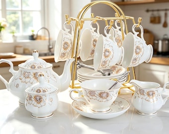 22-Piece Porcelain Tea Set with Teapot Cups Saucers Gift Box