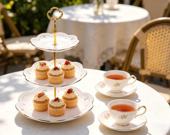 3-Tier Porcelain Cupcake Stand Gold Rimmed Dessert Serving Tray