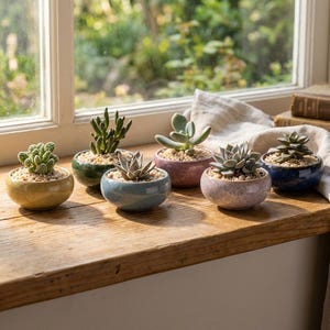 Set of 6 Small Ceramic Succulent Pots Ice Crack Glaze Drainage Planters Gift