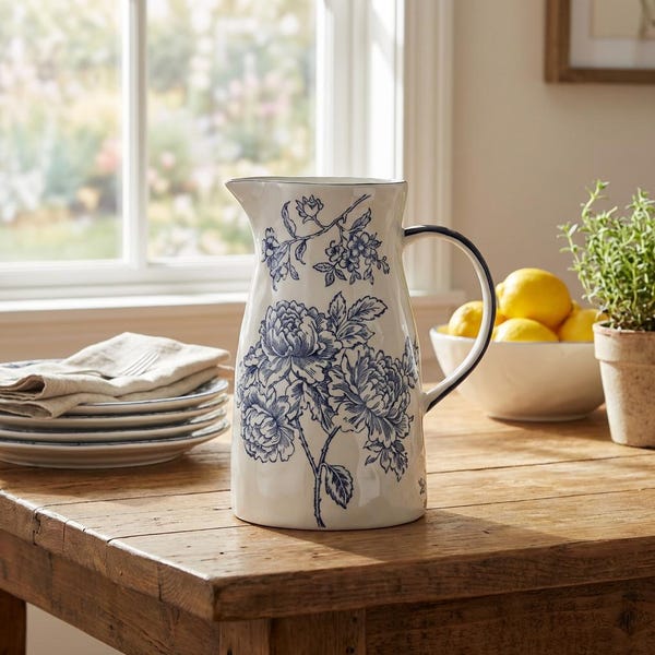 Blue White Ceramic Pitcher Vase Hand Painted Floral Jug Decor