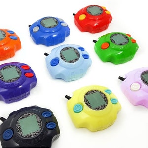 May include: Nine colorful digital pet toys, each with a different color: orange, blue, light blue, green, purple, yellow, pink, red, and black. The toys have a screen, three buttons, and a small antenna.