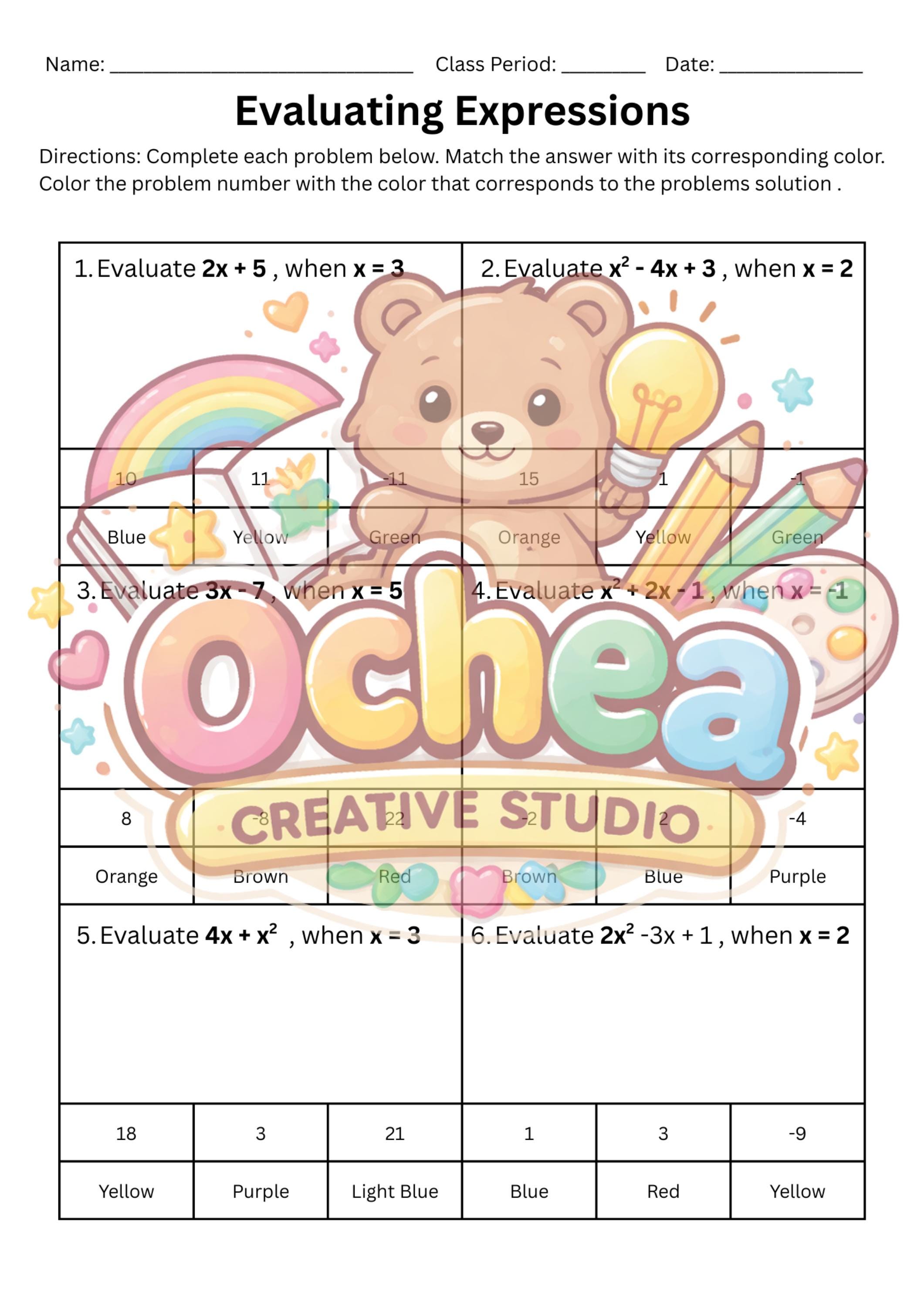 Evaluating Expressions Coloring Worksheet – Fun Math Activity for Your ...
