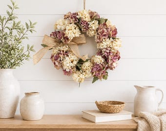 Pink White Vintage Hydrangea Wreath, Floral Door Wreath, Rustic Farmhouse Wall Hanging, Cottagecore Home Decor Gift