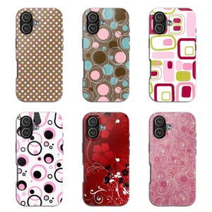May include: Six phone cases with various designs. The cases feature different patterns, including polka dots, circles, and floral motifs. Colors include brown, pink, red, white, and black. The cases are designed to fit a specific phone model.