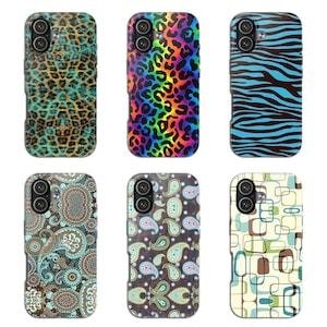 May include: Six phone cases with various designs. The top row features animal print patterns in teal and gold, rainbow leopard print, and blue zebra stripes. The bottom row showcases paisley and retro geometric patterns in shades of brown, teal, and green.