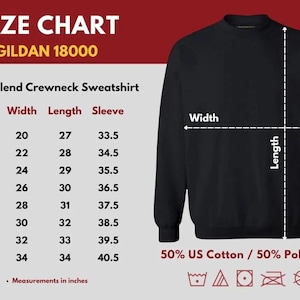 May include: Black crewneck sweatshirt with a size chart. The chart lists measurements in inches for width, length, and sleeve for sizes S to 5XL. The sweatshirt is made of 50% US cotton and 50% polyester.