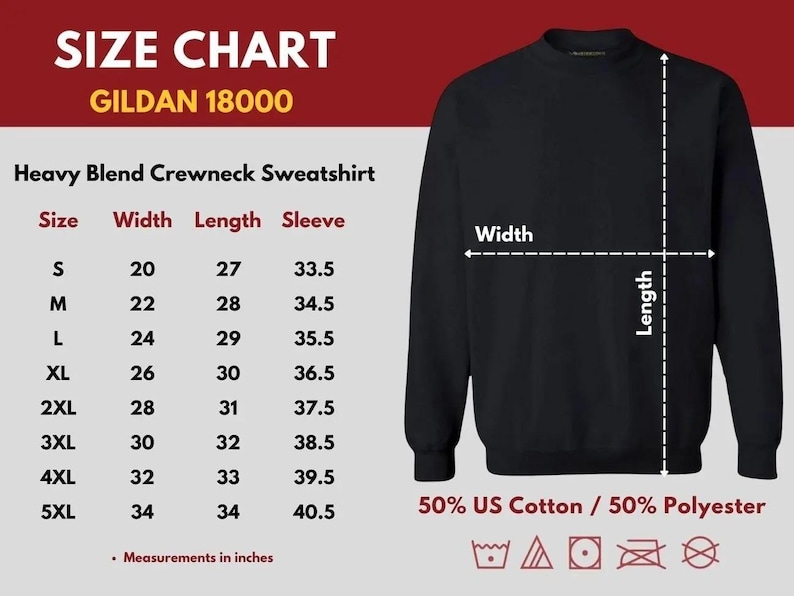 May include: Black crewneck sweatshirt with a size chart. The chart lists measurements in inches for width, length, and sleeve for sizes S to 5XL. The sweatshirt is made of 50% US cotton and 50% polyester.