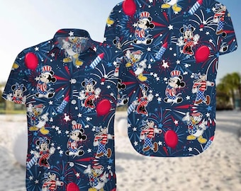 Mickey Minnie Donald Hawaiian Shirt, 4th of July Fireworks Button Shirt, Disney 4th of July Hawaiian Vacation Beach Shirt, Father's Day Gift