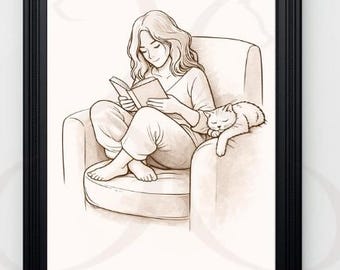 Stampa digitale di un'accogliente immagine di un gatto da appendere al muro, regalo per amanti dei gatti, decorazione per il soggiorno, illustrazione minimalista di un gatto, estetica neutra per la casa, download digitale.