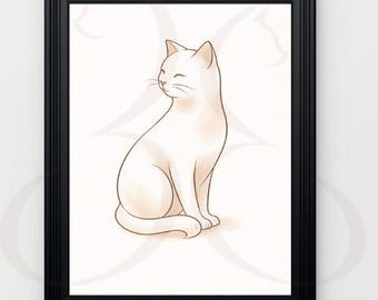 Stampa artistica minimalista con gatto stilizzato, decorazione murale moderna in bianco e nero (download digitale)