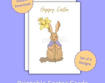 Hand-drawn Easter Cards – Set of 4, Cute Bunny & Flower, Printable PDF, Instant Download