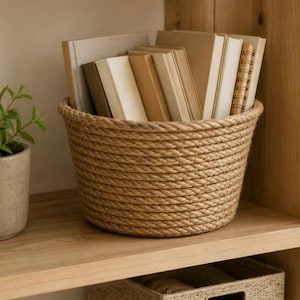May include: A round storage basket constructed from thick, coiled natural tan jute rope. The basket is filled with several books featuring neutral-colored covers, including hardbound volumes and a spiral-bound notebook, arranged upright inside.