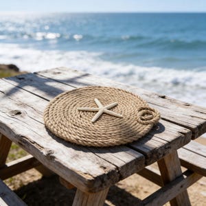 May include: A round, woven rope placemat with a white starfish on top, resting on a weathered wooden picnic table. The background features a view of the ocean and sky, creating a coastal theme.