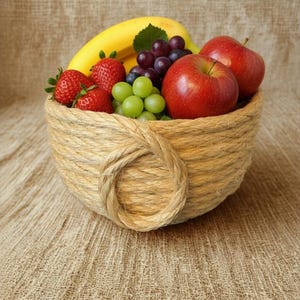 May include: A round, woven rope basket filled with fresh fruit. The basket contains red apples, strawberries, green and purple grapes, and a yellow banana. The basket is sitting on a tan fabric surface.