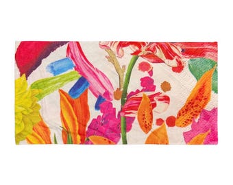 Toalla de playa tropical colorida con estampado floral de lirios y diseño botánico. Toalla de playa personalizable para fiestas.