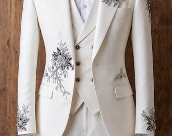 Ivory Royal Embroidered Tuxedo – Luxury 3 Piece Wedding Suit for Men