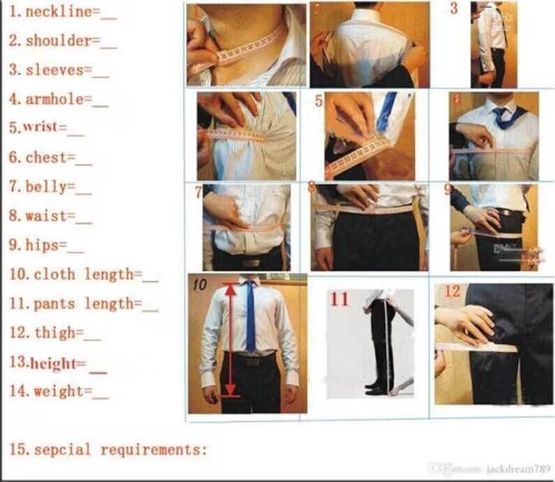 May include: A series of images demonstrating how to measure various parts of the body for clothing. Measurements include neckline, shoulder, sleeves, armhole, wrist, chest, belly, waist, hips, cloth length, pants length, thigh, height, and weight.