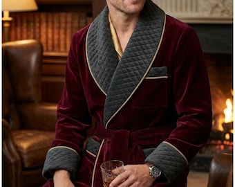 Luxury Burgundy Velvet Robe for Men, Quilted Shawl Collar Dressing Gown, Elegant Loungewear