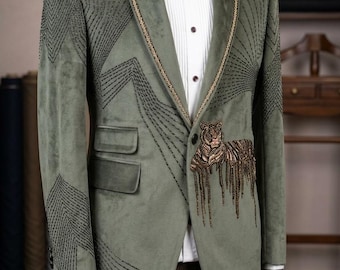 Embroidered Velvet Blazer, Olive Green Tiger Beaded Shawl Lapel Jacket