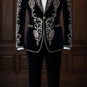 Luxury Black Velvet Embroidered Tuxedo Suit – Men’s Designer Formal Wear, Wedding Groom Suit image 2