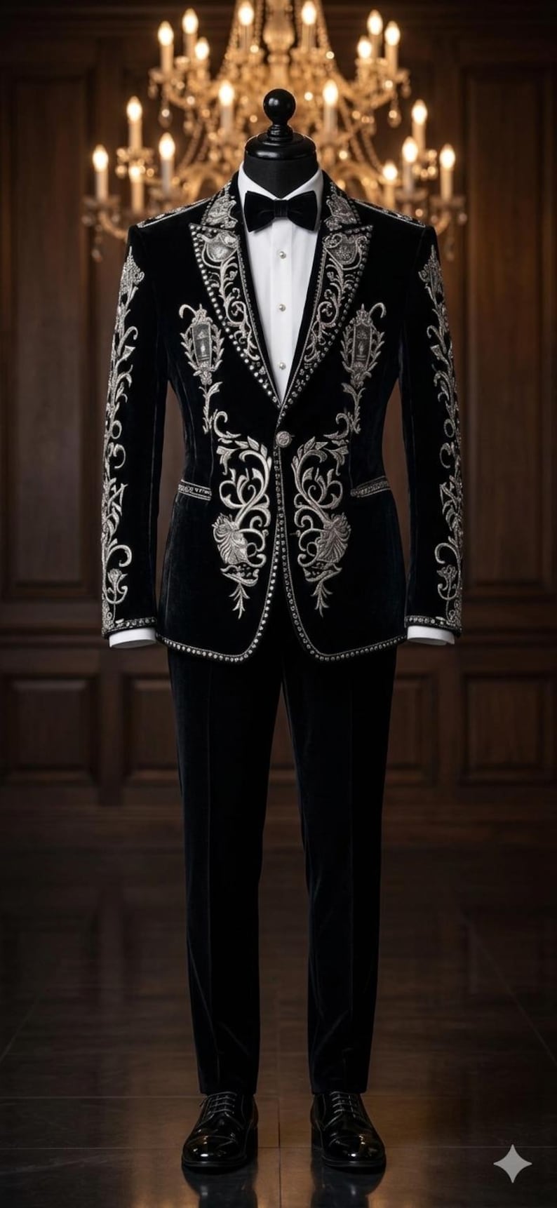 Luxury Black Velvet Embroidered Tuxedo Suit – Men’s Designer Formal Wear, Wedding Groom Suit image 2