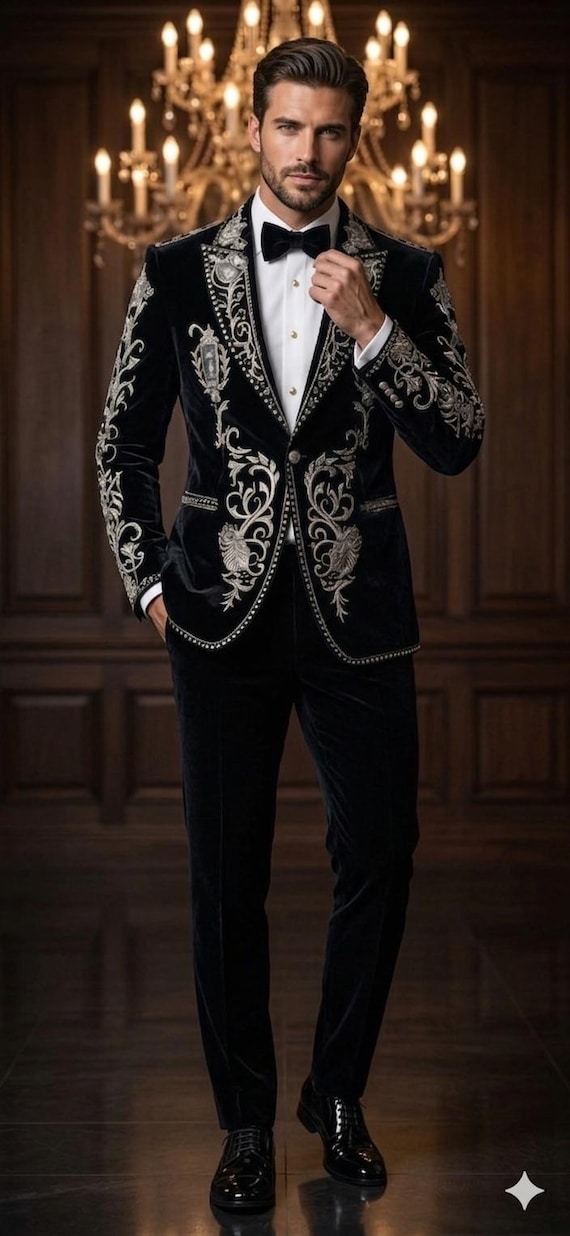 Luxury Black Velvet Embroidered Tuxedo Suit – Men’s Designer Formal Wear, Wedding Groom Suit